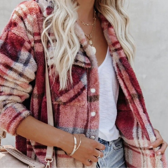 ViCI Plaid Shacket Teddy Soft Fall Jacket in Rose Pink Cream - Picture 2 of 11